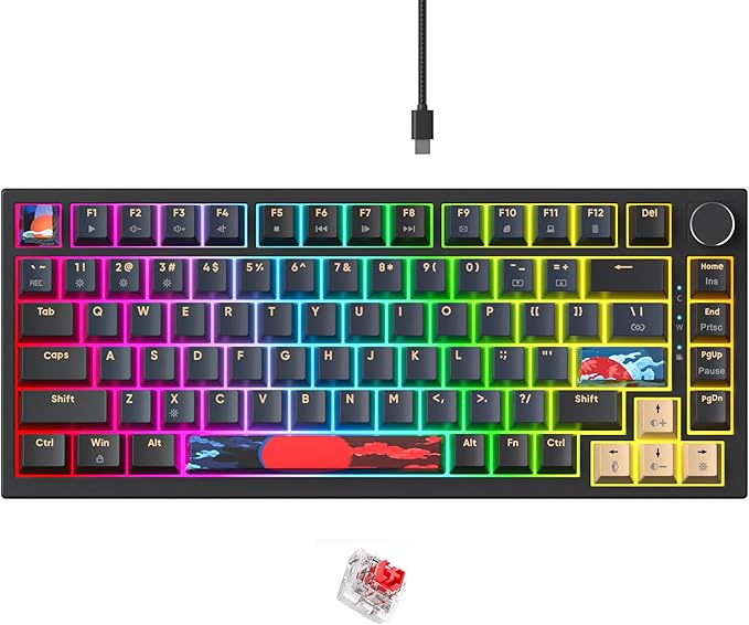 BlueSamurai 75% Wired Mechanical Gaming Keyboard - Hot Swappable, Red Switch, RGB Backlit 82 Keys TKL Mechanical Keyboard with Volume Control Knob