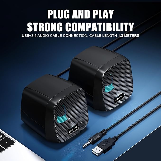 Computer Speakers for Desktop PC, 2.0 Stereo USB-Powered Speakers with 3.5mm AUX, in-Line Volume Control with LED Lights, Compact Plug and Play Speakers for Students, Teens, Monitor, Laptop