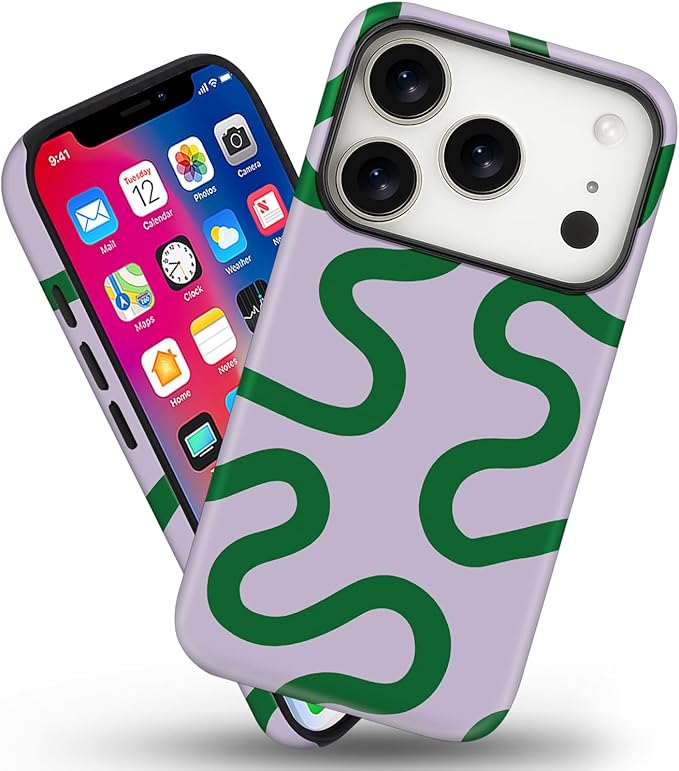 Magnetic for iPhone 17 Pro Case Cute Curved Stripes Phone Case, Shockproof Slim TPU and Hard PC Protective Phone Cover Compatible with MagSafe Designed for Women Girls,Green