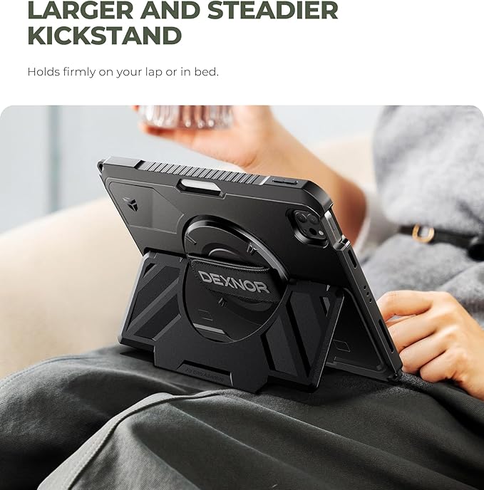 Dexnor Case for iPad Pro 11 inch 4th/3rd/2nd/1st Gen (2022/2021/2020/2018),Rugged Protective Case with 360° Rotating Hand Strap & Stand & Screen Protector & Pencil Holder Shockproof Bumper Cover,Black