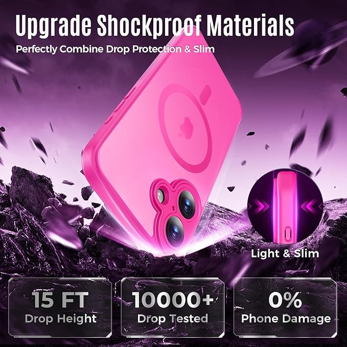 Symcele Designed for iPhone 16 Plus Case, Compatible with MagSafe, with Privacy Screen Protectors X2, [Camera Protection] [15FT Military Drop Protection] Shockproof Phone Case, 6.7", Hot Pink