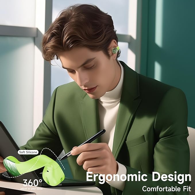 aigo Open Ear Earbuds, Wireless Bluetooth Earphone, Clip on Headphones, Over The Ear Earbuds for Fitness Running Gym Workouts, Built-in Mic, Wireless Charging, Volt Yellow Headset