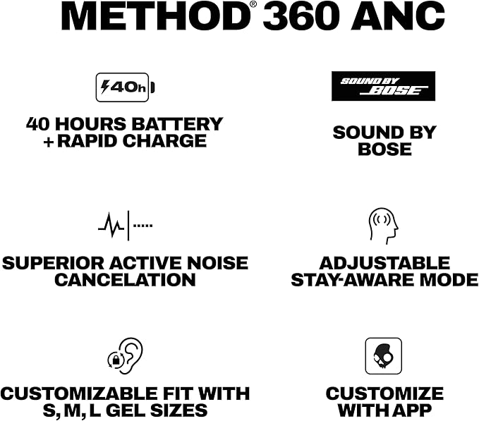 Skullcandy Method 360 ANC Wireless Earbuds, Sound by Bose, Bluetooth Headphones, Premium Noise Cancelling, Up to 40 Hrs Battery, Sweat and Water Resistant, Microphone for iPhone Android - Future