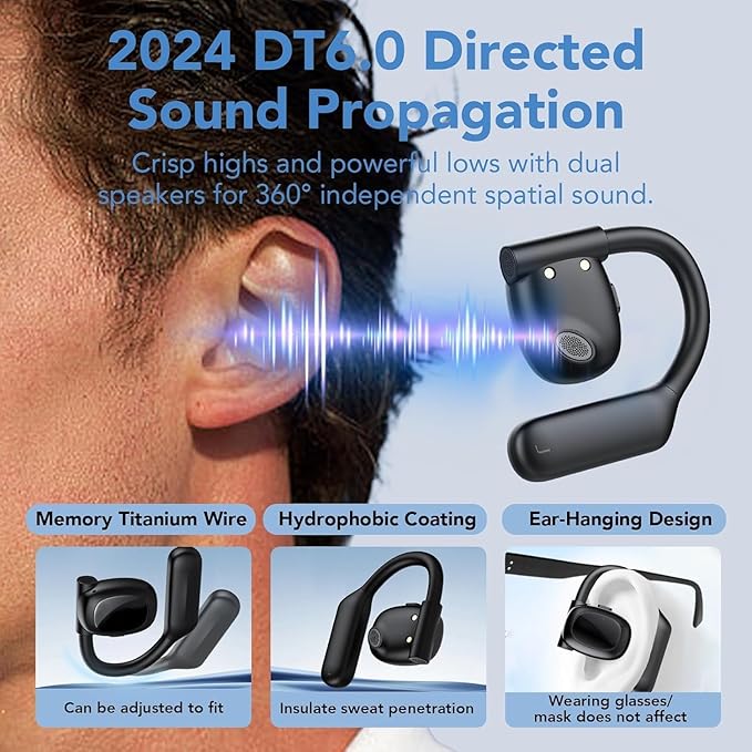 Open Ear Bluetooth 5.3 Earbuds,Wireless Headphones Sport Over Earphones Built-in 4 Mic with Ear Hooks 75H Playtime,Bluetooth Ear Buds with LED Digital Display,IPX5 Waterproof for Running Fitness/Black