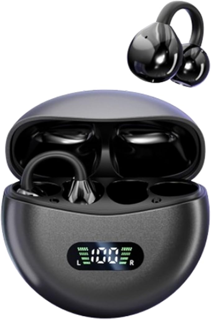 Open Ear Clip Headphones Wireless Earbuds Bluetooth 5.4 Sports Earphones Wireless Charging Case & LED Power Display Waterproof Fitness Headphones for Running (Black)