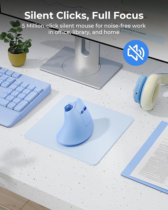 seenda Ergonomic Mouse Wireless, MOU-302 Bluetooth Vertical Mouse Rechargeable, Volume Knob, Silent Mice & 1000/1600/2400 DPI, 3 Multi-Device Connection for Windows/PC/Laptop/Mac/MacBook, Blue