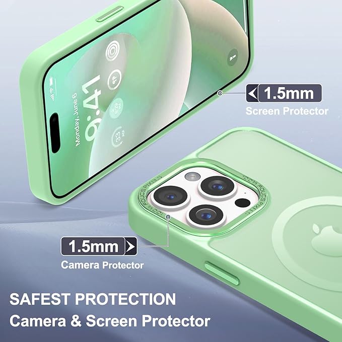 Newfuture Magnetic for iPhone 15 Pro Case [Compatible with Magsafe] [Military Grade Drop Protection] Translucent Matte Anti-Fingerprint Shockproof Phone Case for iPhone 15 Pro 6.1 inch, Matcha Green