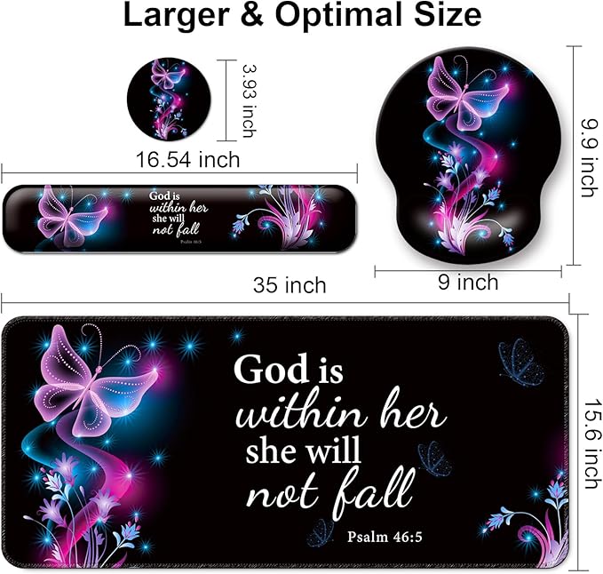 Mouse Pad + Desk Mat + Keyboard Wrist Rest + Coaster 4 in 1 Set, Cute Ergonomic Large Gaming Mousepad with Wrist Rest Support Desk Pad for Computer Laptop Office Home Decor-Purple Butterfly