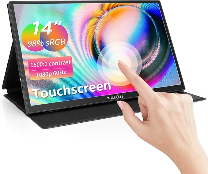 WIMAXIT 14" Portable Touch Monitor 1920x1080p Full HD Vesa Mount 98% sRGB Compatible with Laptop/PC/Game Console via HDMI/USB-C/3.5mm Audio Includes Cover Stand