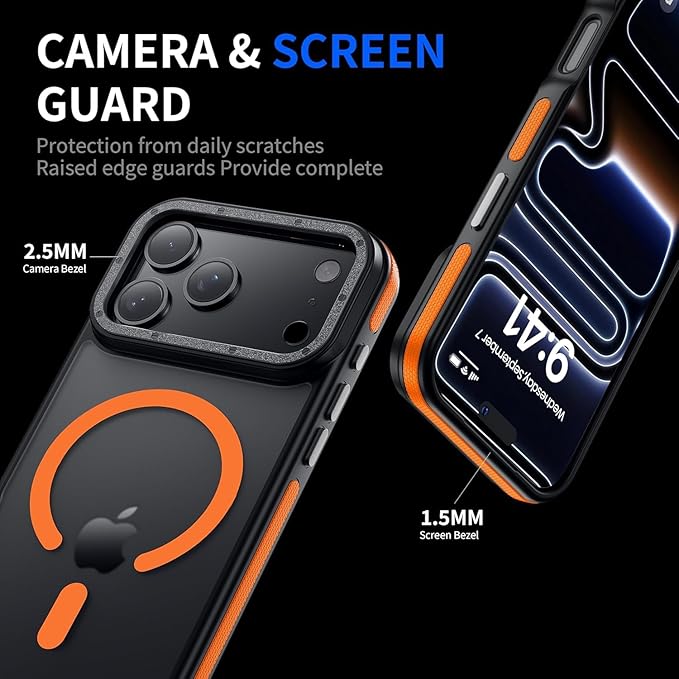 Strong Magnetic for iPhone 17 Pro Case with Camera Cover [10Ft Military-Grade Protection] Compatible with MagSafe Shockproof Slim Thin Phone Cover for iPhone 17 Pro 6.3 inch, Orange