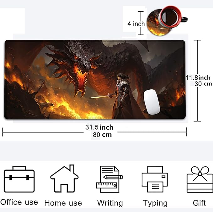 Large Mouse Pad, 31.5 x 11.8in Extended Gaming Mouse Pad with Stitched Edges, XXL Mousepad Protector Non Slip Rubber Base for Office & Home Writing Mat, Games Dragon vs Samurai Pattern Black Desk Mat