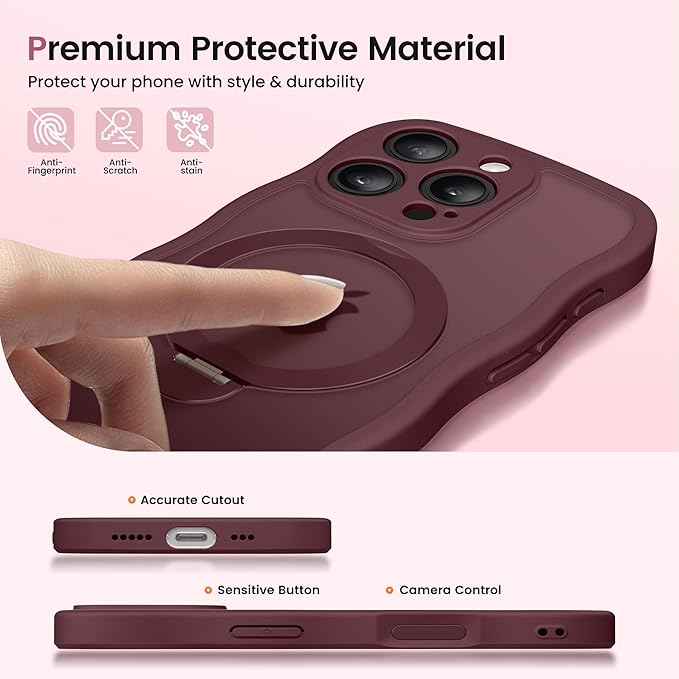 CAPRARO for iPhone 16 Pro Max Case with 360° Spin Magnetic Stand for Women, [Compatible with MagSafe] [Full Camera Protection] Cute Wave Translucent Matte Case for iPhone 16 Pro Max, Wine Red