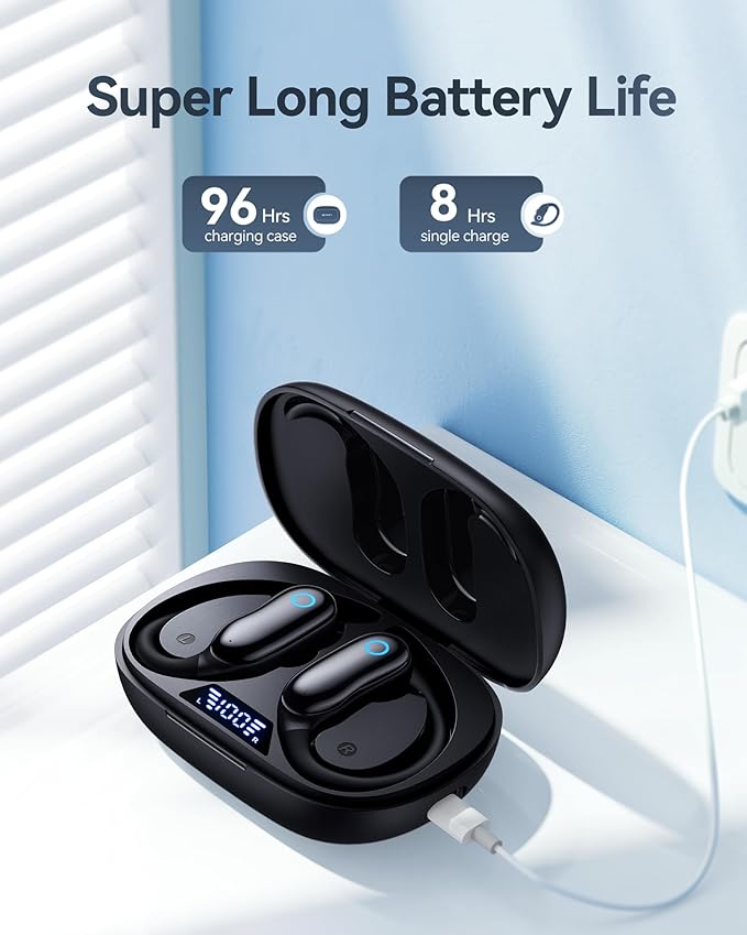 GNMN Active Noise Cancelling Ear Buds AI Translation Wireless Earbuds 96hrs Playback Bluetooth Headphones Dual Battery Display Stereo Bass Earphones with Earhooks Microphone for Sports/Runing/Workout
