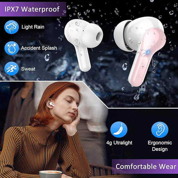 Wireless Earbuds, 48Hrs 2026 Bluetooth Headphones, Hi-Fi Stereo Deep Bass Ear Buds, ENC Noise Cancelling Mic, Clear Calls, IP-X7 Waterproof, USB Sport Earphones in Ear for Phones Laptop Pad, Pink