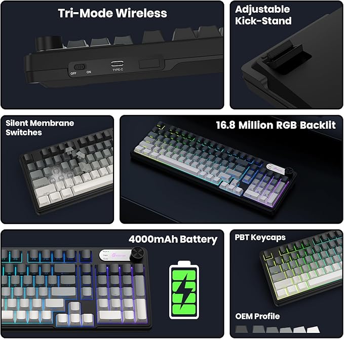 GEODMAER G98X Wireless Gaming Keyboard, Tri-Mode 2.4GHz/USB-C/BT5.0 Silent Gaming Keyboard with Number Pad & Knob, RGB Backlit, Side Printed PBT Keycaps Computer Keyboards for PC Mac Laptop Gamer