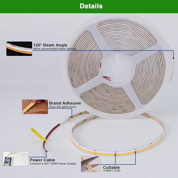 JOYLIT 24V 32.8FT/10M COB LED Strip Lights 120° 2700K Warm White Indoor 384LEDs/M High Density 7650LM Super Bright CRI 90+ Dotless Adhesive LED Tape Light for Bedroom, Kitchen, Commercial