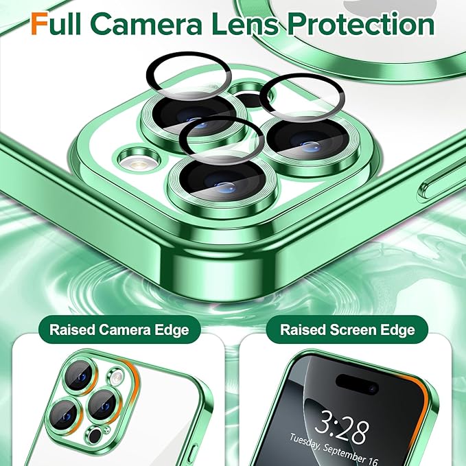 Hython Magnetic Clear for iPhone 16 Pro Max Case with Camera Lens Protector [Compatible with MagSafe] Plating Edge Slim Soft TPU Cover Protective Phone Case for iPhone 16 Pro Max 6.9", Light Green