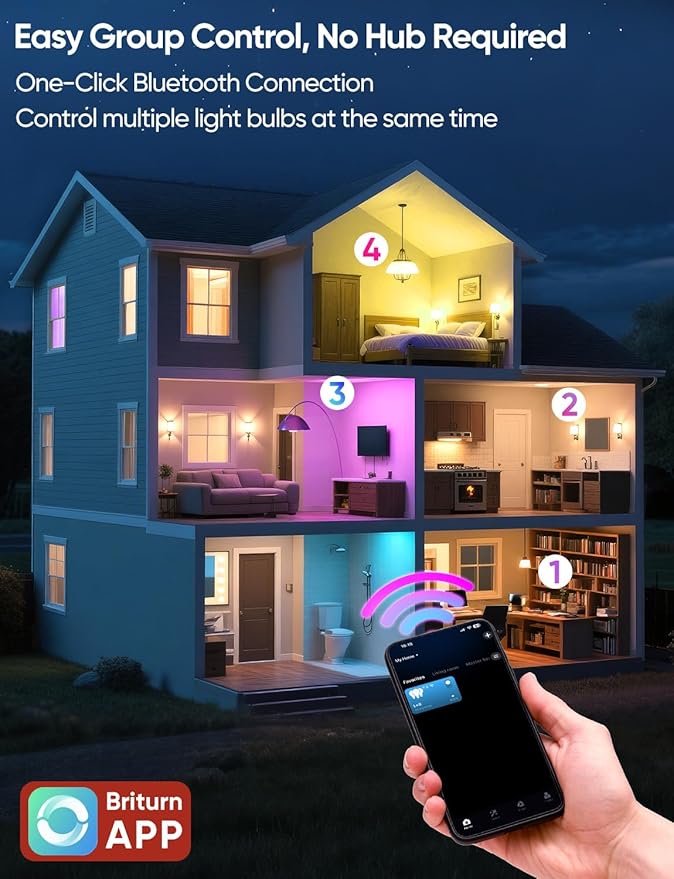 Brightever Smart A19 LED Light Bulbs, 60W Equivalent 800LM Color Changing E26 9W Bluetooth Light Bulbs with Remote Control, 16 Million DIY Colors RGBWW, Music Sync, 2-Pack