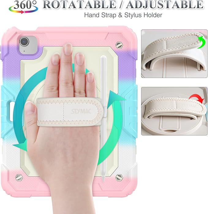 SEYMAC stock Case for iPad Air 5th/4th Generation/Pro 11 (4th/3rd/2nd) with Screen Protector Pen Holder, 360° Rotate Hand Strap/Stand Case for iPad Air 5th/4th Gen 10.9''/ Pro 11'' (Yellowish+Pink)