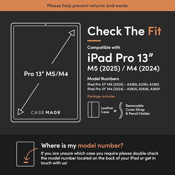 Casemade Real Leather Case Compatible with iPad Pro 13” M5 (2025)/M4 (2024) - Full-Grain Leather Cover, Auto Sleep/Wake, Dual Stand Position (Tan)