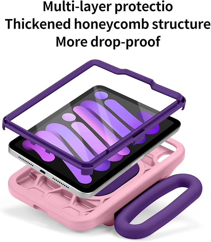 Kids Case for iPad mini 7 (A17 Pro) 2024 / iPad mini 6 2021, Adjustable Portrait/Landscape Stand, Drop Proof Handle Kickstand, Child Friendly with Screen Protector for iPad mini7th/6 8.3 inch(Pink)