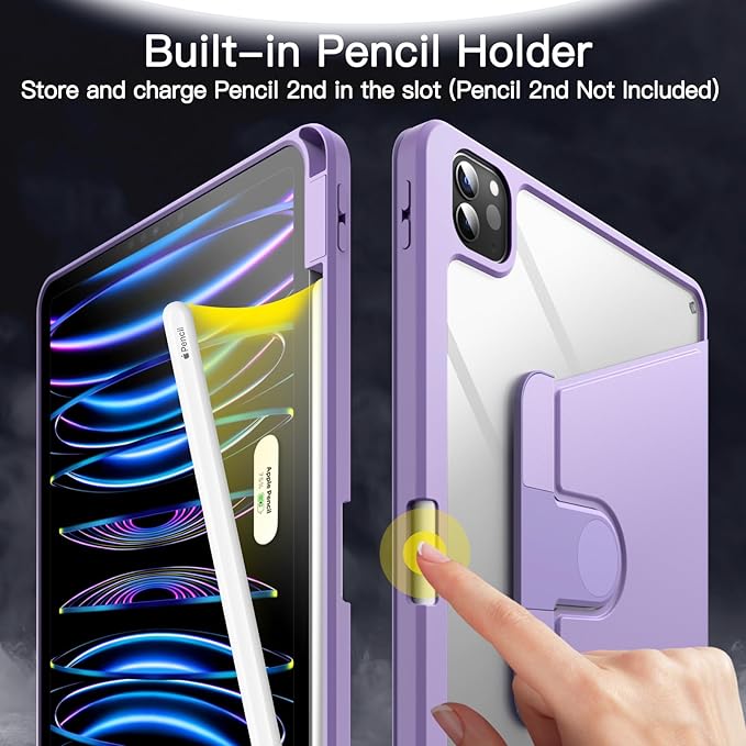 JETech Rotating Case for iPad Pro 11-Inch 2022/2021(4th/3rd gen) with Pencil Holder, 360 Degree Rotation Protective Stand Cover Clear Back, Auto Wake/Sleep (Light Purple)