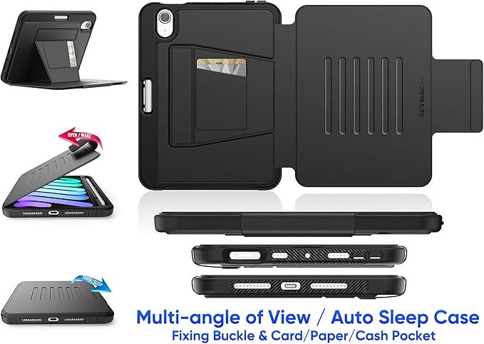 SEYMAC stock Case for iPad mini 7 (A17 Pro)/ Mini 6 8.3'', Strong Magnetic Auto Sleep Shockproof Case with Absorbing Multi-Angles Stand, Pen Holder, Card Slot, Black