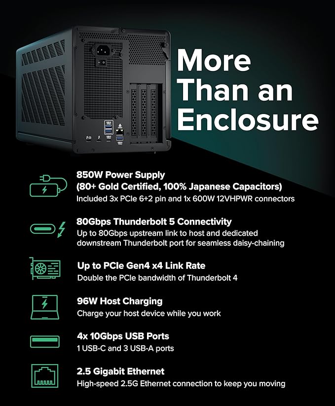 Plugable Thunderbolt 5 AI eGPU Enclosure & Dock: 80Gbps, 850W PSU Included, TAA Compliant for Windows 11, NVIDIA and AMD Cards (96W Power Delivery, 2.5Gbps Ethernet, 850W PSU, USB Hub) TBT5-AI