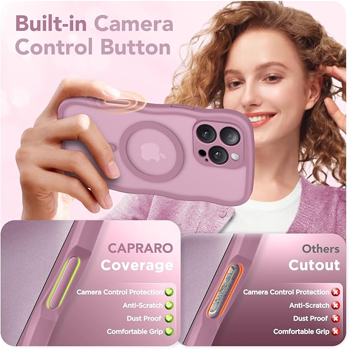 CAPRARO for iPhone 16 Pro Max Case for Women Girls, Upgraded [Full Camera Protection] [Compatible with MagSafe] Cute Wave Translucent Matte Phone Case for iPhone 16 Pro Max, Black Currant
