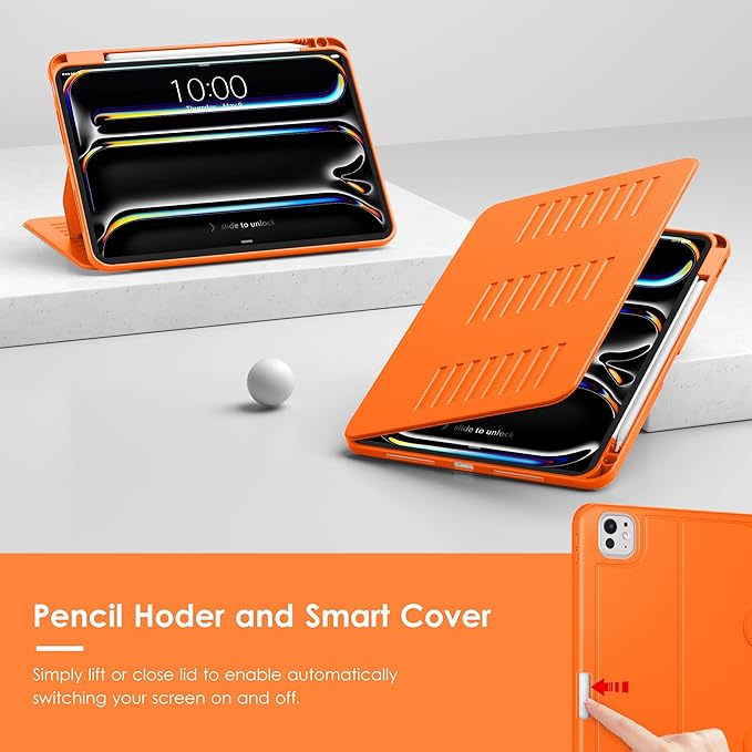 VIKESI Case for iPad Pro 11 inch (M5/M4) 2025/2024,Multiple Angles Magnetic Stand Cover,Shockproof Back,Pencil Holder,and Auto Sleep/Wake,Orange