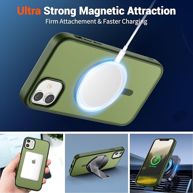 SUPFINE Magnetic for iPhone 12 Mini Case & iPhone 13 Mini Case (Compatible with MagSafe) (Military Grade Drop Protection) Slim Translucent Matte Shockproof Phone Cover,Cangling Green