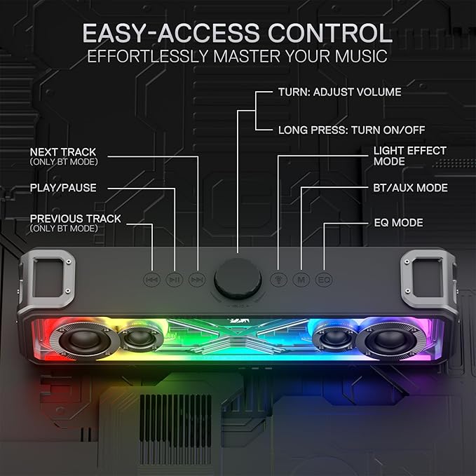 Redragon GS817 RGB Desktop Soundbar, 2.0 Channel Stereo Speakers for Desktop w/Massive 30W Max Power, Touch-Control, Bluetooth 5.3 & 3.5mm AUX Inputs, Black