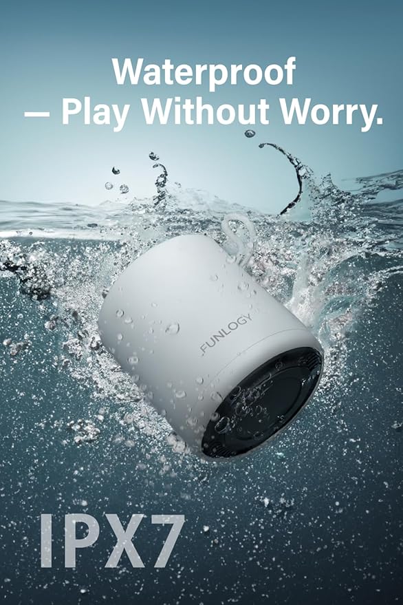 FUNLOGY Portable Mini2 Bluetooth Speaker, Wireless Portable Speaker with Deep Bass, IPX7 Waterproof, TWS Stereo Pairing, Built-in Mic, Small Speaker for Shower, Outdoor, Travel, White