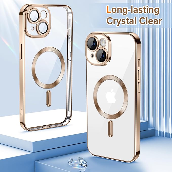 Hython Magnetic Clear for iPhone 14 Plus Case with Camera Lens Protector [Compatible with MagSafe] Luxury Plating Edge Slim Soft TPU Cover Protective Phone Case for iPhone 14 Plus 6.7", Desert Brown