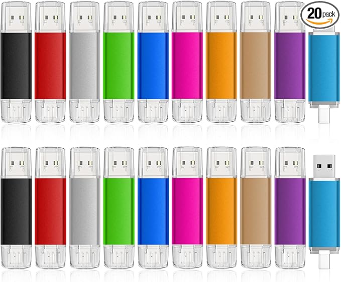 USB C Flash Drive 8GB 20 Pack, AreTop Type-C Flash Drive + USB 2.0 Thumb Drive OTG Memory Stick Compatible with iPhone 16/15, Android Smartphone/Tablets/Computers, 20 Pack, Mix-Colors