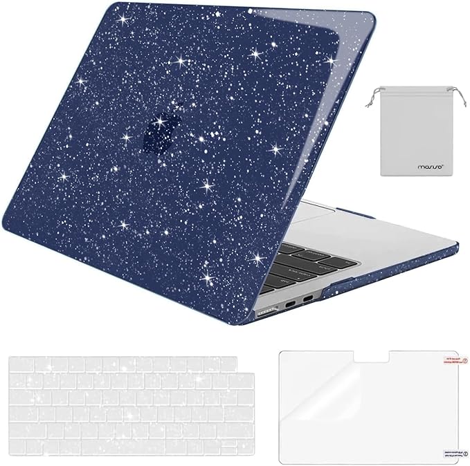 MOSISO Glitter Cover Compatible with MacBook Air 13 inch Case M5 2026 M4 2025 M3 M2 2024-2022 A3449 A3240 A3113 A2681, 4 in 1 Kit Bling Sparkly Hard Shell for MacBook Air 13.6 inch Case, Navy Blue