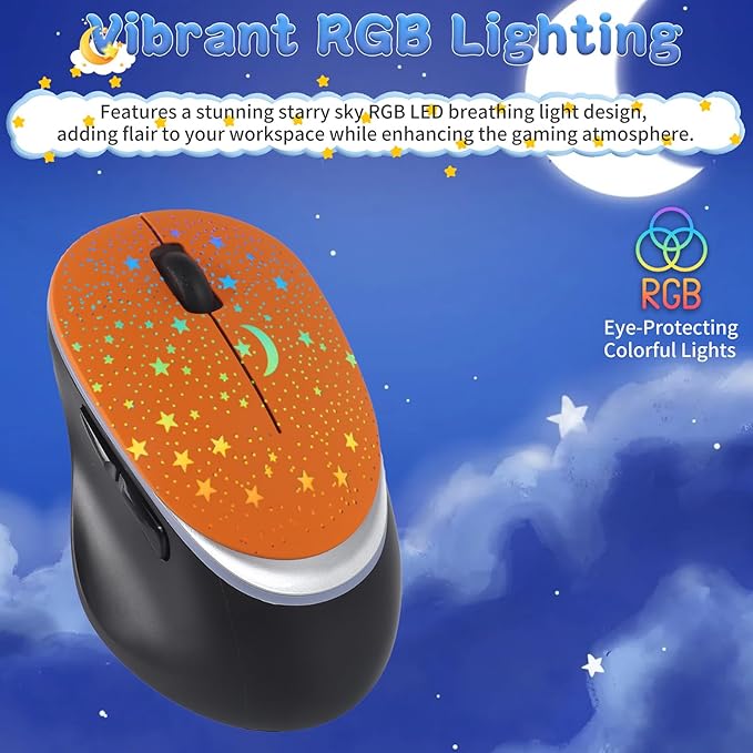 elec Space Bluetooth Wireless Mouse with Starry Sky RGB Backlight - Ergonomic Dual Mode Rechargeable Mouse, Type-C Charging - Perfect for Office, Gaming & Travel (Orange)