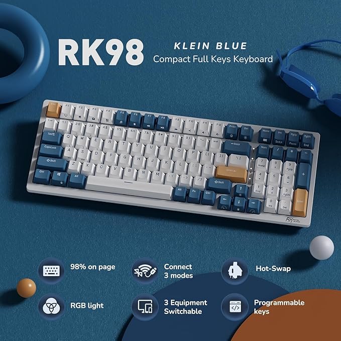 RK ROYAL KLUDGE RK98 Wireless Mechanical Keyboard, Triple Mode 2.4G/BT5.1/USB-C Custom Switches Keyboard with Number Pad, Pre-lubed Linear Switches RGB Backlit Gaming Keyboard, Software Support