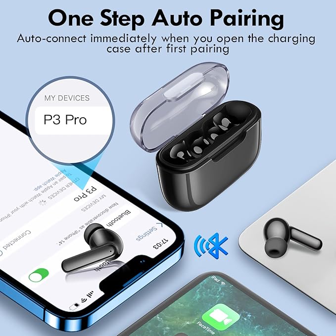 kurdene Wireless Earbuds, Bluetooth 5.3 in Ear Buds Light Weight Headphones,48 Hours Playtime Headset,Clear Calls Earphones with Mics for Sports Workout Black-Clear