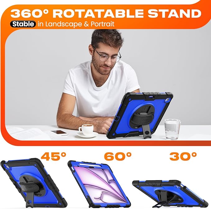 SEYMAC stock Case for iPad Air 13-inch M4-M2 2026-2024 (Gen 8-6), Shockproof Heavy Duty Case with Screen Protector, Pencil Holder, Rotating Stand, Hand Strap, Shoulder Strap, Blue