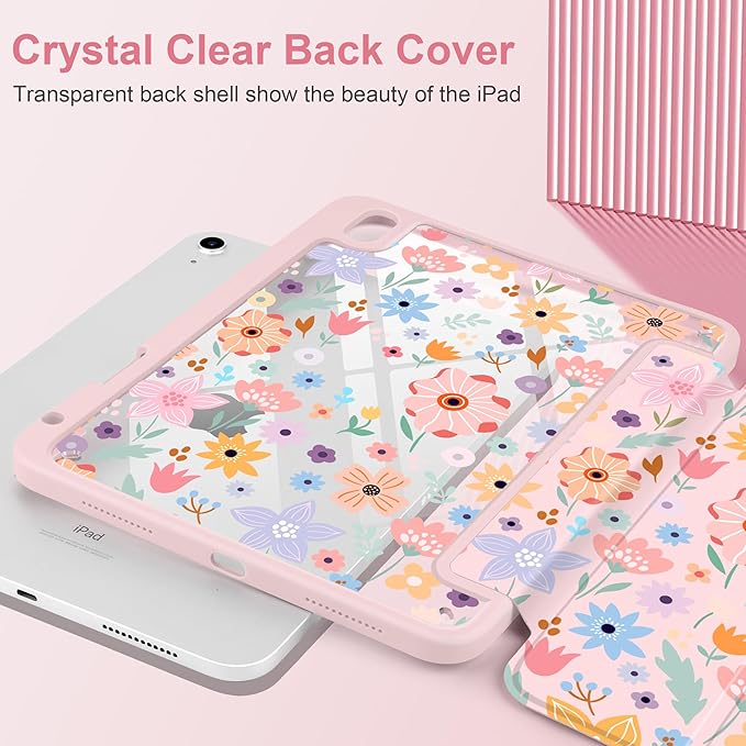 Case for iPad Air 13 inch 2026 M4 2025 M3 2024 M2 Release Slim Lightweight Cute Patterns Trifold Cover with Clear Back Shell Magnetic Wake Sleep Design for Girls Women,Pink Flowers
