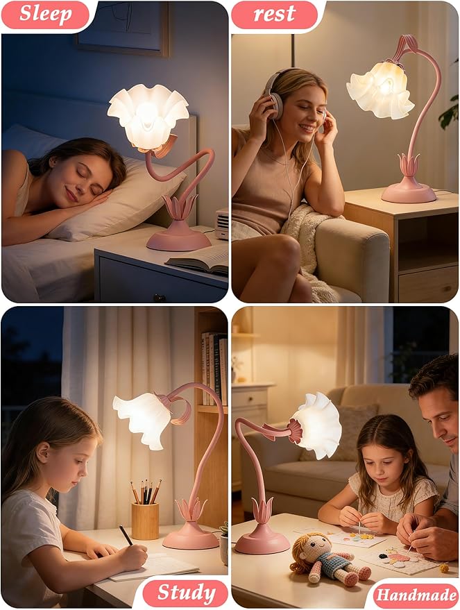 Mothers Day Gifts, Flower Table Lamp, LED Reading Light Vintage Bedside Lamps, 3 Color Modes Kawaii Nightstand Lamp, Flower Table Lamps for Bedroom Living Room Home Decoration(Pink lamp)