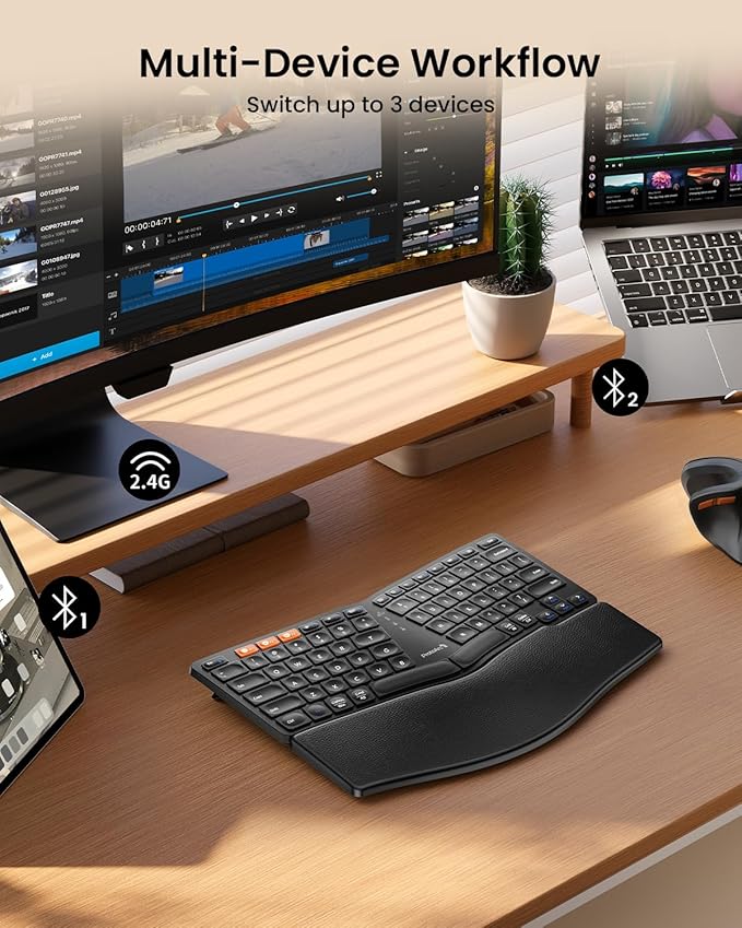 ProtoArc Bluetooth Ergonomic Keyboard, EK04 Mini Compact Wireless Ergonomic Keyboard, Hard Palm Rest, Multi-Device, Split Design, Rechargeable, Compatible with Windows, Mac OS - Black