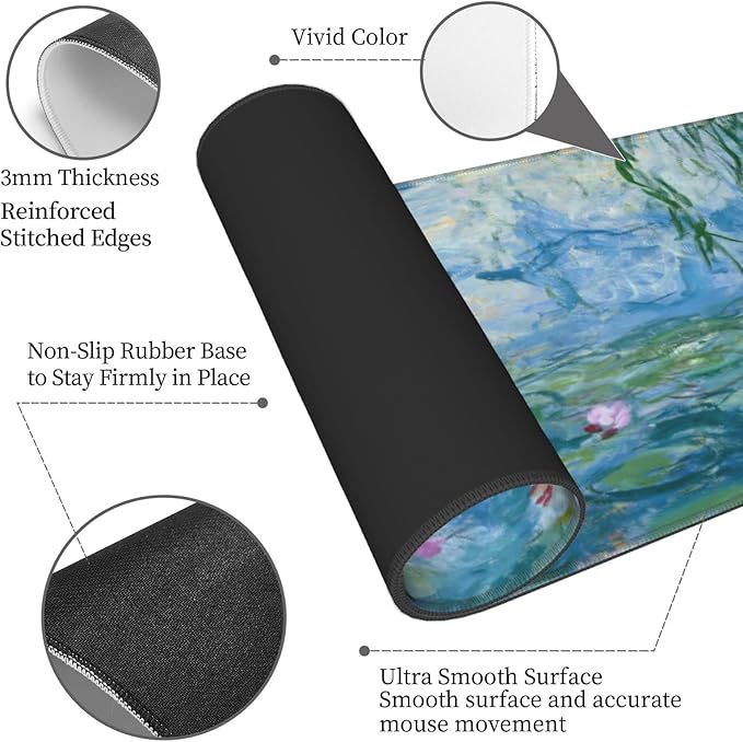 Mouse Pad Stitched Edge XL Large Mousepad 31.5" X 12" Rubber Base Non Slip Desk Mat for Laptop Pc Computer Gaming Monet Water Lilies