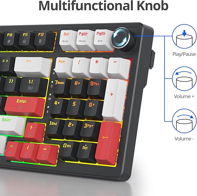Surmen Creamy Keyboard with Number Pad, 96% RGB Mechanical, Full Gasket Mounted, Hot Swappable, Custom Wired Thocky Keyboard with Knob for Office Gamers (Black)