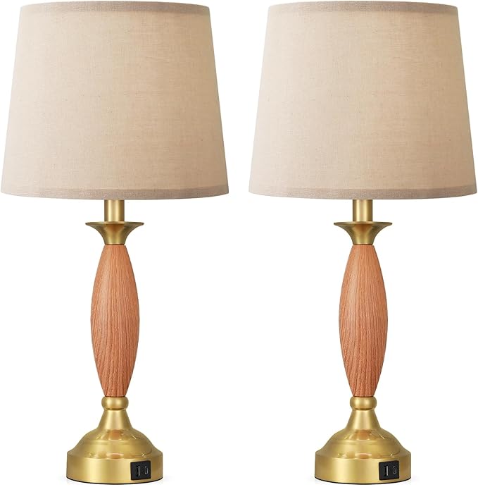 Seealle Touch Bedside Lamps for Nightstand - Bedroom Lamps Set of 2 with USB C+A, 3 Way Dimmable Table Lamps for Living Room (Wood Body and Gold Base)