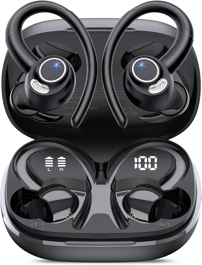 Wireless Earbuds, Bluetooth 5.4 Headphones Sport, Over Ear Buds With ENC Noise Cancelling Mic, 48H, Wireless Earphone With Earhooks, Stereo Deep Bass, IP7 Waterproof ear bud for Workout Running, Black
