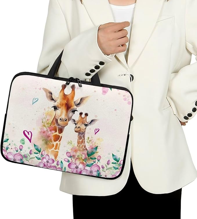 15 Inch Giraffe Flowers Laptop Sleeve, Laptop Cover Computer Bag Tablet Carrying Case with Handle, Zipper Tote Bags Notebook Sleeves Handbag Messenger Briefcase for Men Women