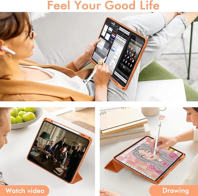 ZryXal New iPad Air 13 Inch Case M3 2025/M2 2024 with Pencil Holder, Trifold Stand Smart Case with Soft TPU Back,Auto Wake/Sleep(Orange)