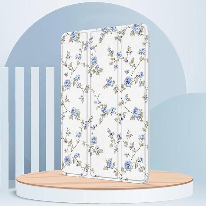 Case for iPad 9th / 8th / 7th Generation (2021/2020/2019) 10.2 inch, Case with Pencil Holder, Stand Clear Back Cover Cute Cool Design for Women Girls, Auto Sleep/Wake, Blue Rose